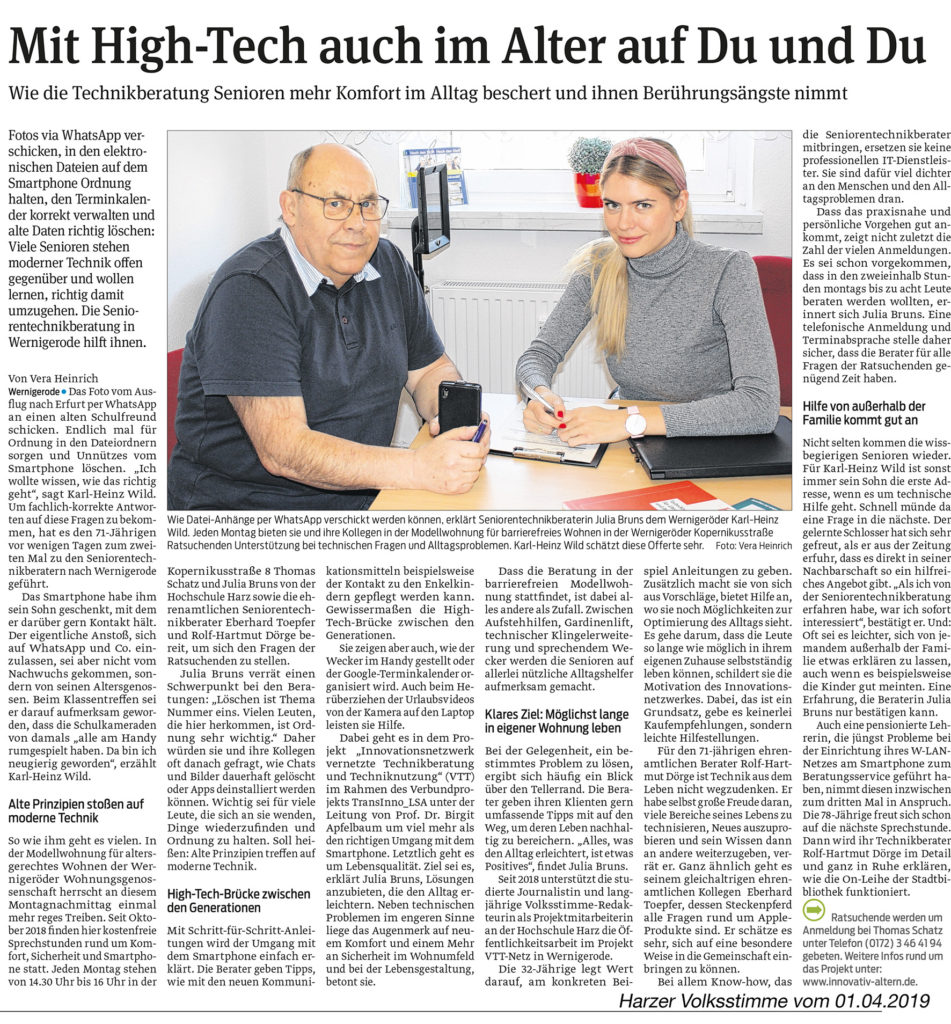 Reportage über die Sprechstunde in der TAKSI-Zentrale in Wernigerode von Vera Heinrich, erschienen am 1. April 2019 in der Harzer Volksstimme.