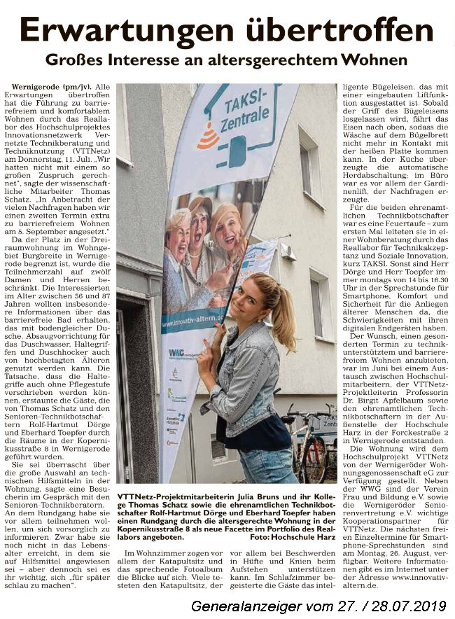 Bericht im Generalanzeiger Wernigerode über die Fürhung durch das Reallabor des Projektes VTTNetz vom 27./28.07.2019
