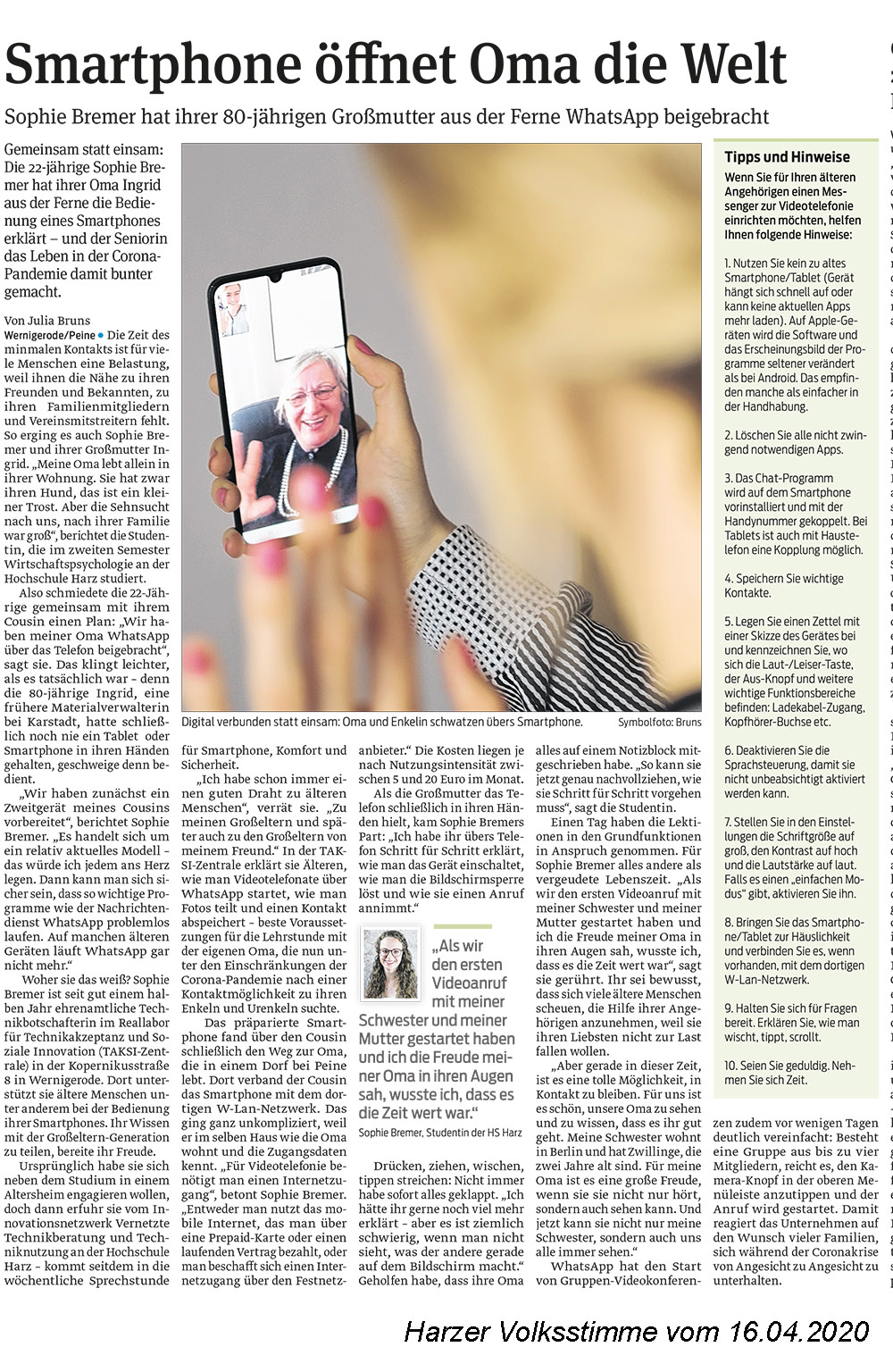 Bericht in der Harzer Volksstimme über unsere ehrenamtliche Technikbotschafter Sophie Bremer aus Peine, die ihrer Oma WhatsApp übers Telefon beigebracht hat.