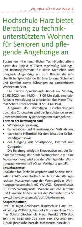 Artikel aus dem Amtsblatt der Stadt Wernigerode vom 09/20