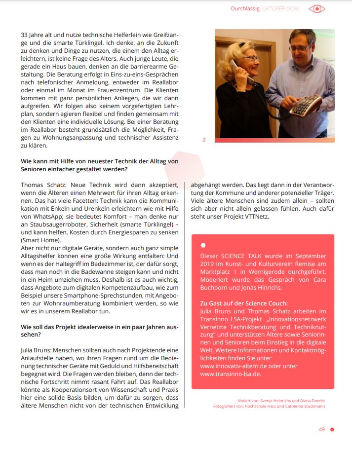 Interview mit VTTNetz-Mitarbeitern Thomas Schatz und Julia Bruns, erschienen im Science Talk-Magazin im Herbst 2020